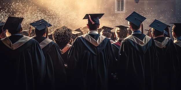 Los estudiantes celebran la graduación Graduación en la universidad Estudiantes en túnicas gorras IA generativa