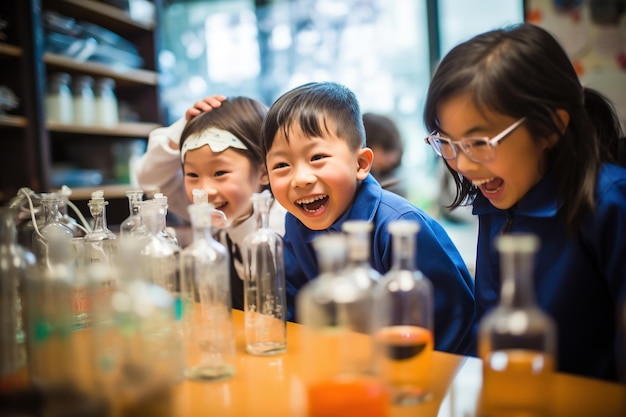 Estudiantes chinos, niñas y niños, hacen experimentos de química.