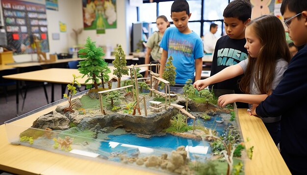 Foto los estudiantes de la clase ambiental de la escuela primaria aprenden sobre la protección del medio ambiente