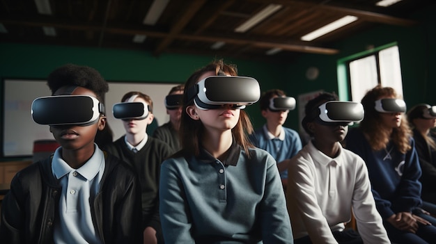 estudiantes en clase con gafas de realidad virtual estudiando