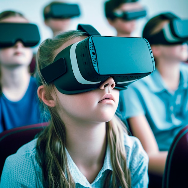 Estudiantes en clase con gafas de realidad virtual generadas por IA