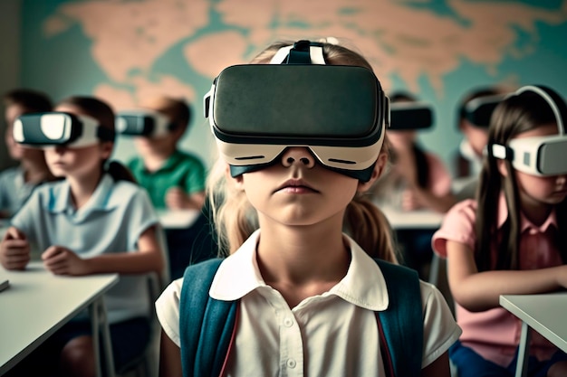 Estudiantes en clase con gafas de realidad virtual generadas por IA