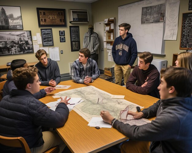 Foto los estudiantes de una clase de historia se reunieron alrededor de una línea de tiempo para discutir eventos importantes y