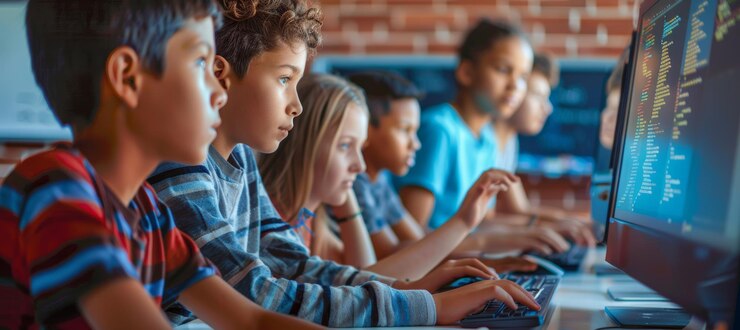 Foto los estudiantes colaboran en un proyecto de programación informática en un aula moderna
