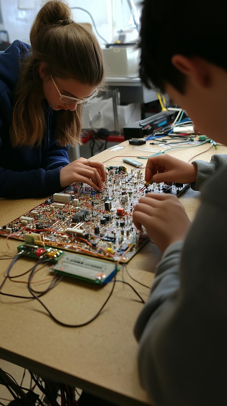 Foto estudiantes colaborando en un proyecto de circuito