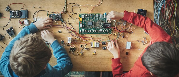 Foto estudiantes colaborando en un proyecto de circuito
