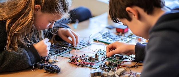 Estudiantes colaborando en un proyecto de circuito