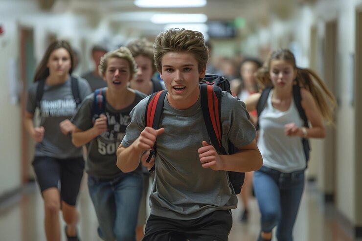 Estudiantes corriendo por el pasillo de la escuela con emoción