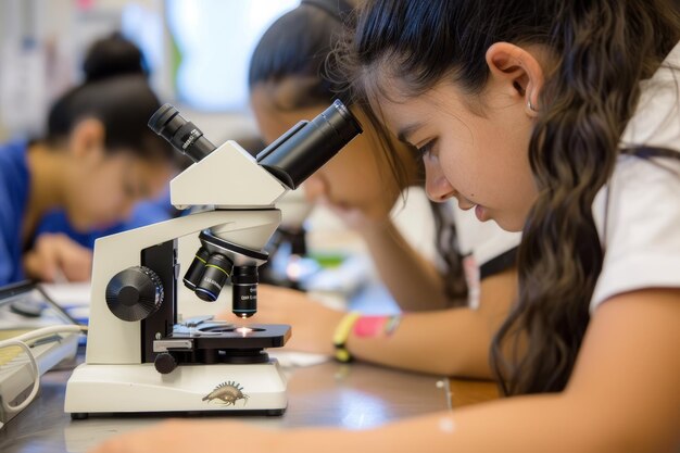 Estudiantes curiosos que usan microscopios para observar especímenes de animales vivos en una clase de ciencias
