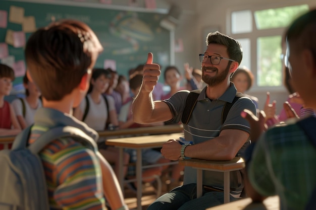 Foto los estudiantes le dan el pulgar al maestro.