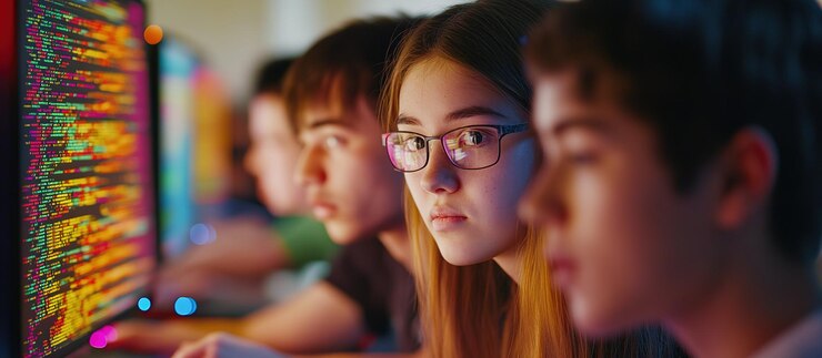 Foto estudiantes dedicados a la codificación en computadoras centradas en tareas de programación