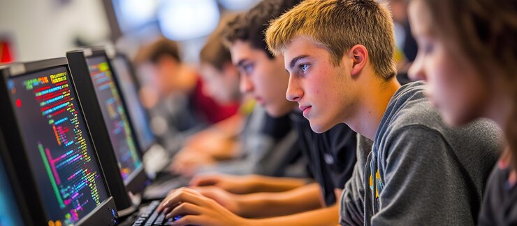 Foto estudiantes dedicados a la programación en computadoras en un entorno de aula