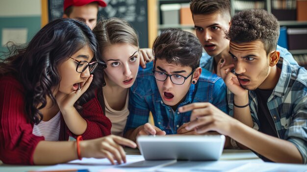 Foto los estudiantes devastados están en shock cuando los resultados de los exámenes se revelan en la tableta