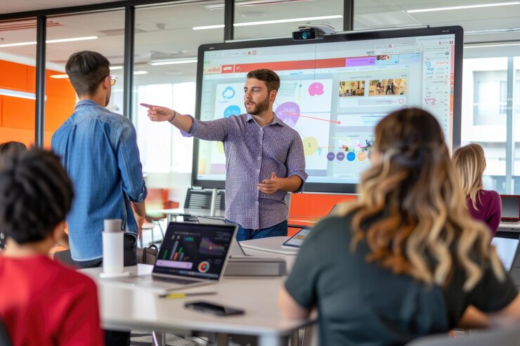 Foto estudiantes discutiendo con ia en el espacio de trabajo colaborativo aig60