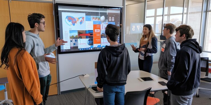 Foto estudiantes discutiendo con ia en el espacio de trabajo colaborativo aig60