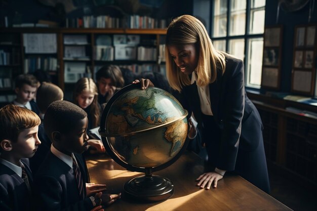 Estudiantes e instructor observando el globo en la biblioteca IA generativa