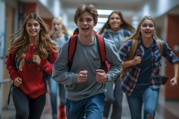 Estudiantes emocionados corriendo por el pasillo de la escuela