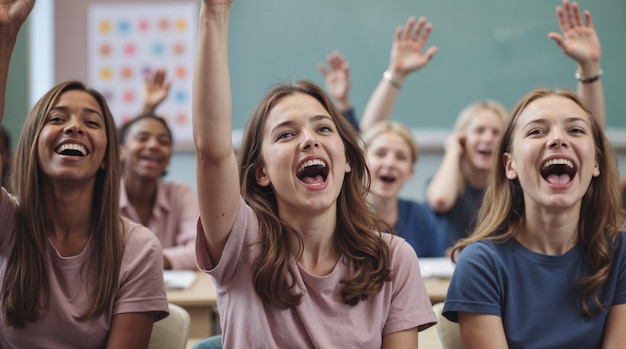 Estudiantes emocionados levantando las manos en clase