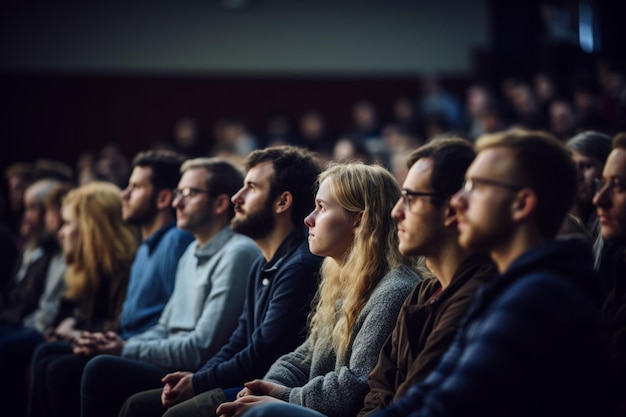 Estudiantes escuchando una conferencia en un teatro de conferencias con IA generativa