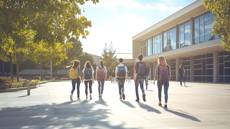Foto estudiantes con la escuela caminando juntos en el campus de la escuela