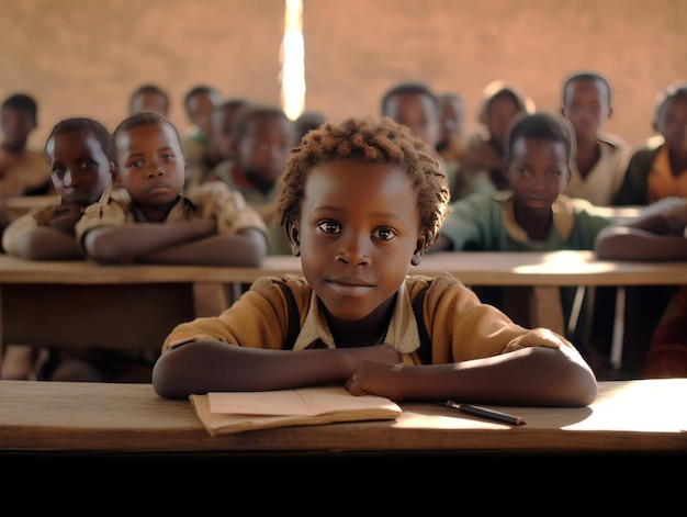 Los estudiantes de una escuela en África toman la lección y escriben notas en una pizarra con tiza.
