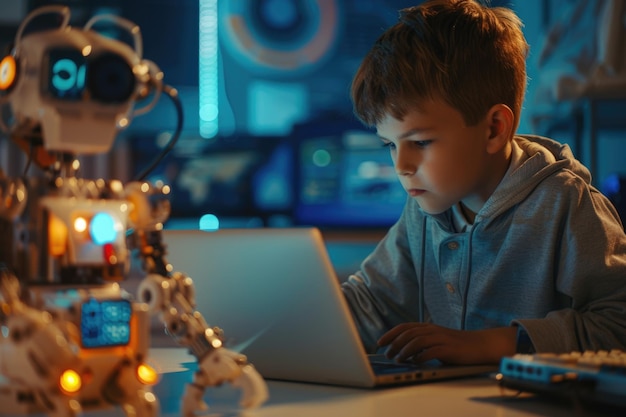 Los estudiantes de escuela primaria programan robótica en la clase de ciencias