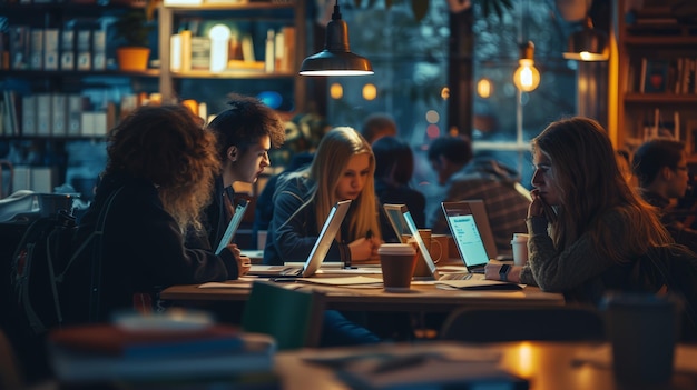 Estudiantes estudiando juntos en un ambiente acogedor de cafetería Concepto educativo y de trabajo en equipo