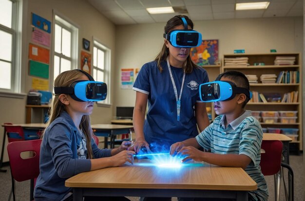 Foto estudiantes experimentando la realidad virtual en el aula