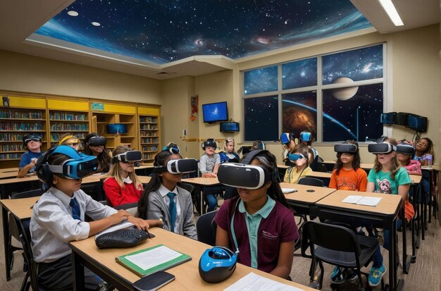 Foto estudiantes experimentando la realidad virtual en el aula