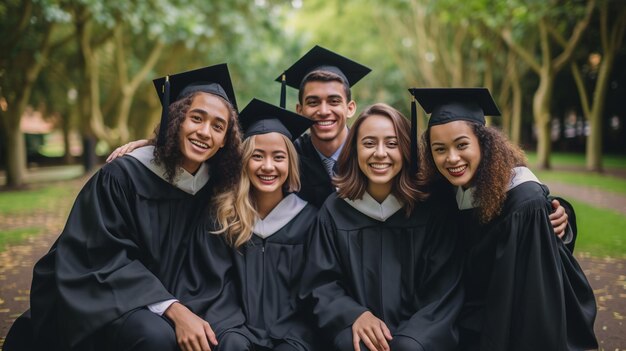 Foto estudiantes felices en vestido de soltero con gorra de graduación