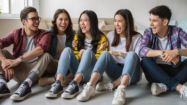 Foto estudiantes felices con zapatillas de deporte y accesorios de estilo sentados juntos en el suelo con las piernas cruzadas