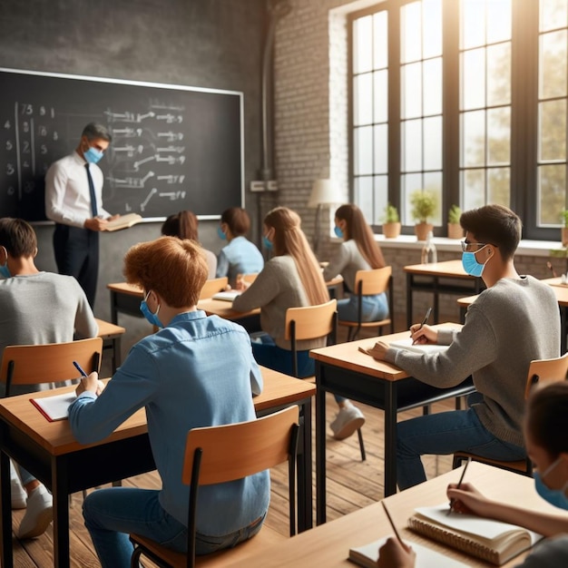 Estudiantes en una foto realista en un aula