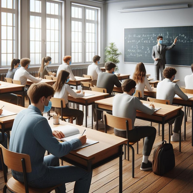 Estudiantes en una foto realista en un aula