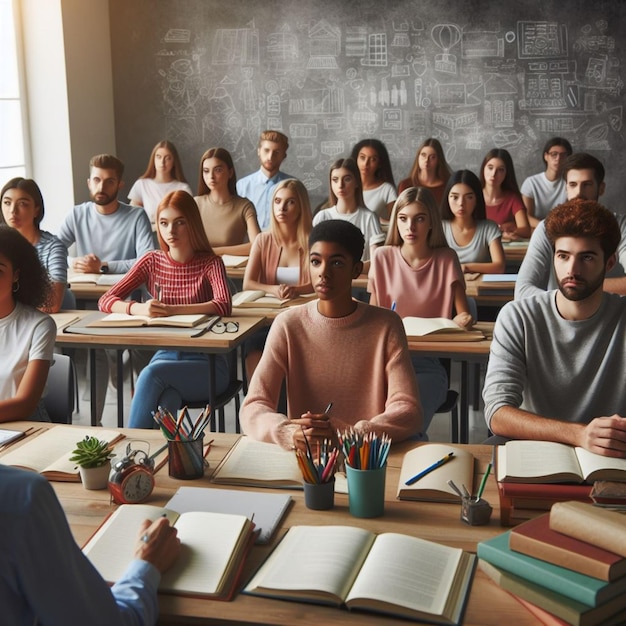 Estudiantes en una foto realista en un aula