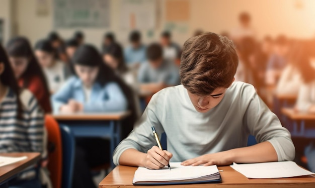 Estudiantes haciendo un examen en un aula llena de estudiantes Concepto de aprendizaje y educación