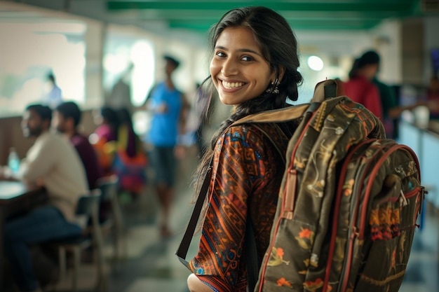 Estudiantes indias en el fondo del estilo bokeh de la escuela