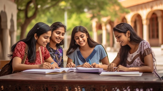 Estudiantes indias que estudian en una mesa