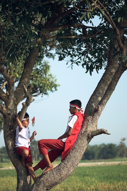 Estudiantes indonesios vestidos de uniforme, sentados en la rama de un árbol mientras sostienen el fla blanco rojo nacional