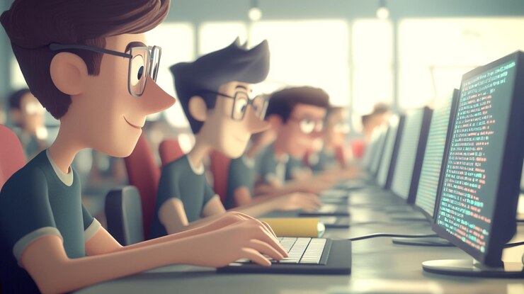 Foto estudiantes involucrados en una sesión de codificación en el laboratorio de computadoras durante el día