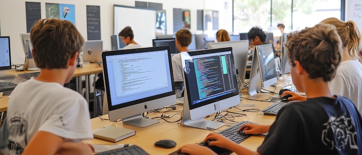 Foto estudiantes involucrados en un taller de codificación interactivo