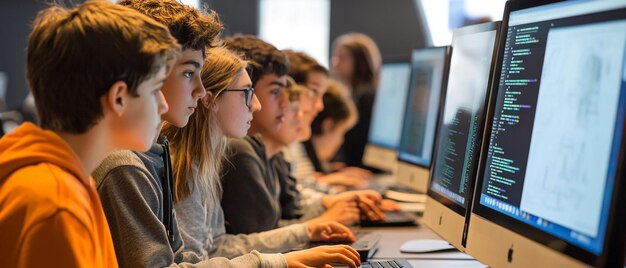Estudiantes involucrados en un taller de codificación interactivo