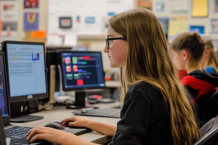 Foto estudiantes involucrados en un taller de codificación interactivo