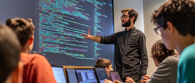 Estudiantes involucrados en un taller de codificación interactivo