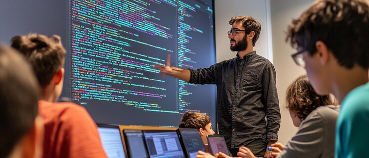 Foto estudiantes involucrados en un taller de codificación interactivo