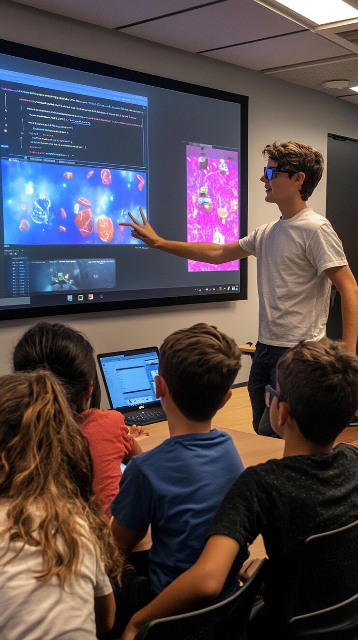 Foto estudiantes involucrados en un taller de codificación interactivo