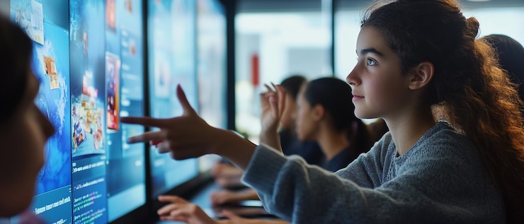Foto estudiantes involucrados en un taller de codificación interactivo