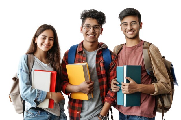 Estudiantes latinos felices y sonrientes de pie juntos con libros aislados sobre un fondo blanco