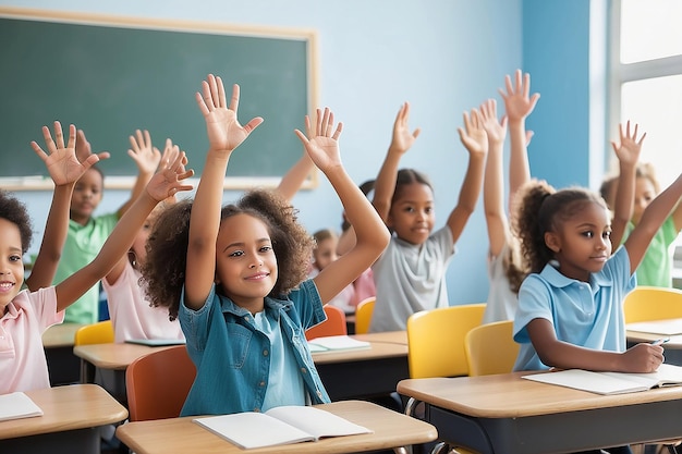 Estudiantes levantando las manos durante la clase en la escuela primaria