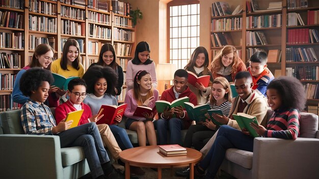 Foto estudiantes leyendo un libro juntos