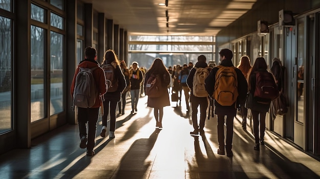 Estudiantes llevando mochilas y caminando a casa por el pasillo de la escuela